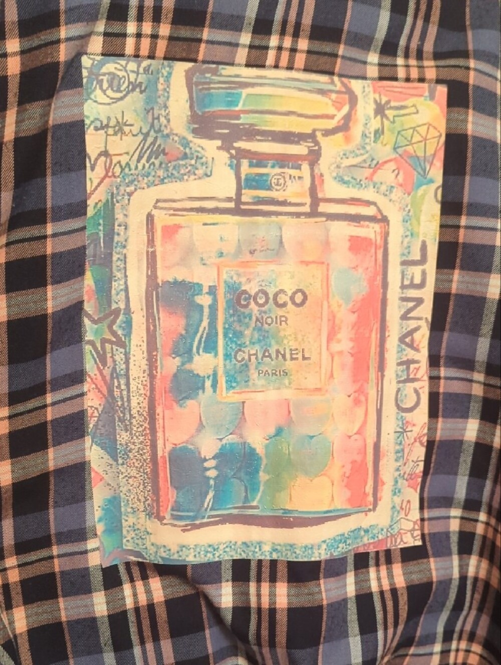 Navy and Peach Plaid Button-Down Shirt with Colorful Back Patch - Picture 2 of 4